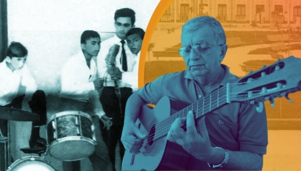Fotomontagem. À esquerda, CONJUNTO GIMARA ( Ginásio Marista de Aracati ). Da esquerda para a direita: bateria Netinho Ponciano, vocais Sérgio Seresteiro, Luiz de Alexandre, um pouco atrás, Ir. Gonzaga. Foto de 1966. Acervo: Netinho Ponciano